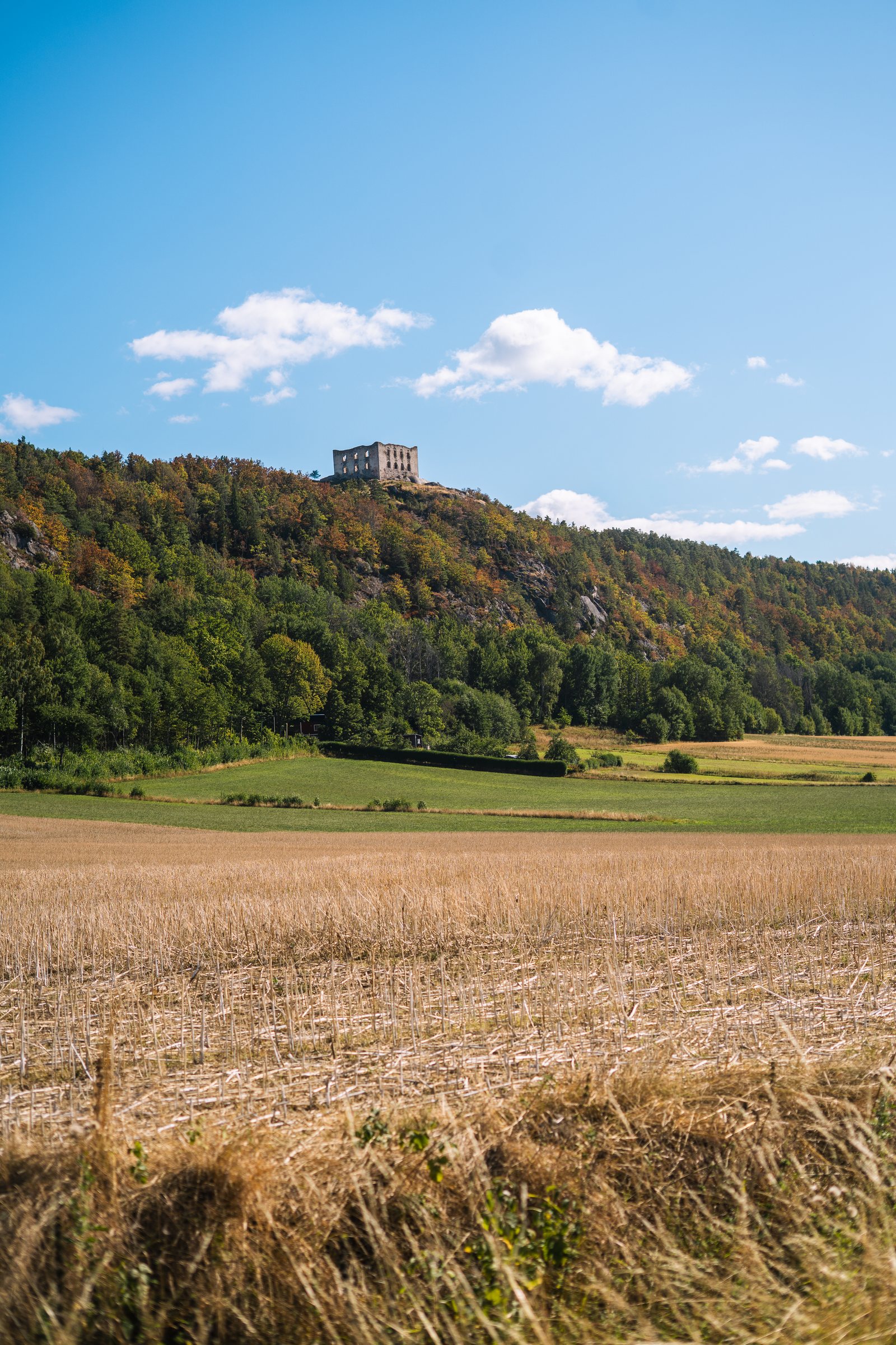 Brahehus ruin on the ridge above a stubble field north of Gränna
