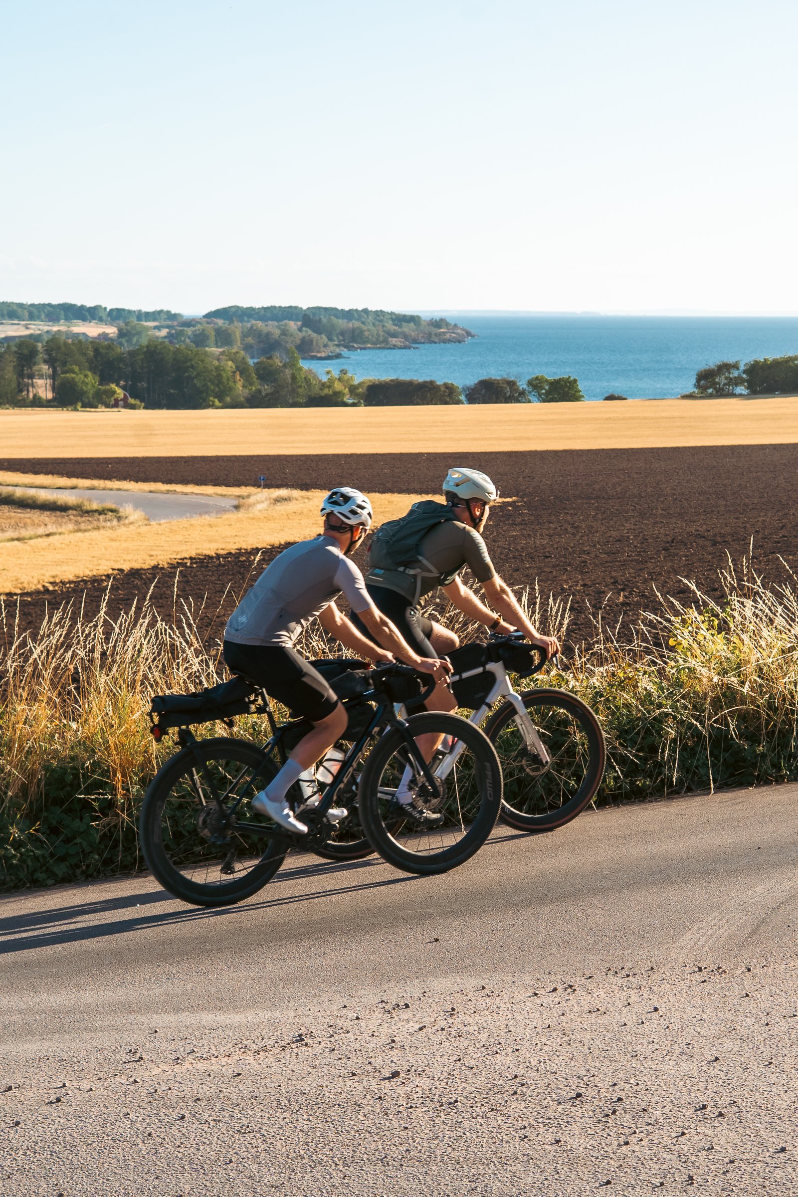 Two cyclists climbing a road past wheat fields, Lake Vättern behind